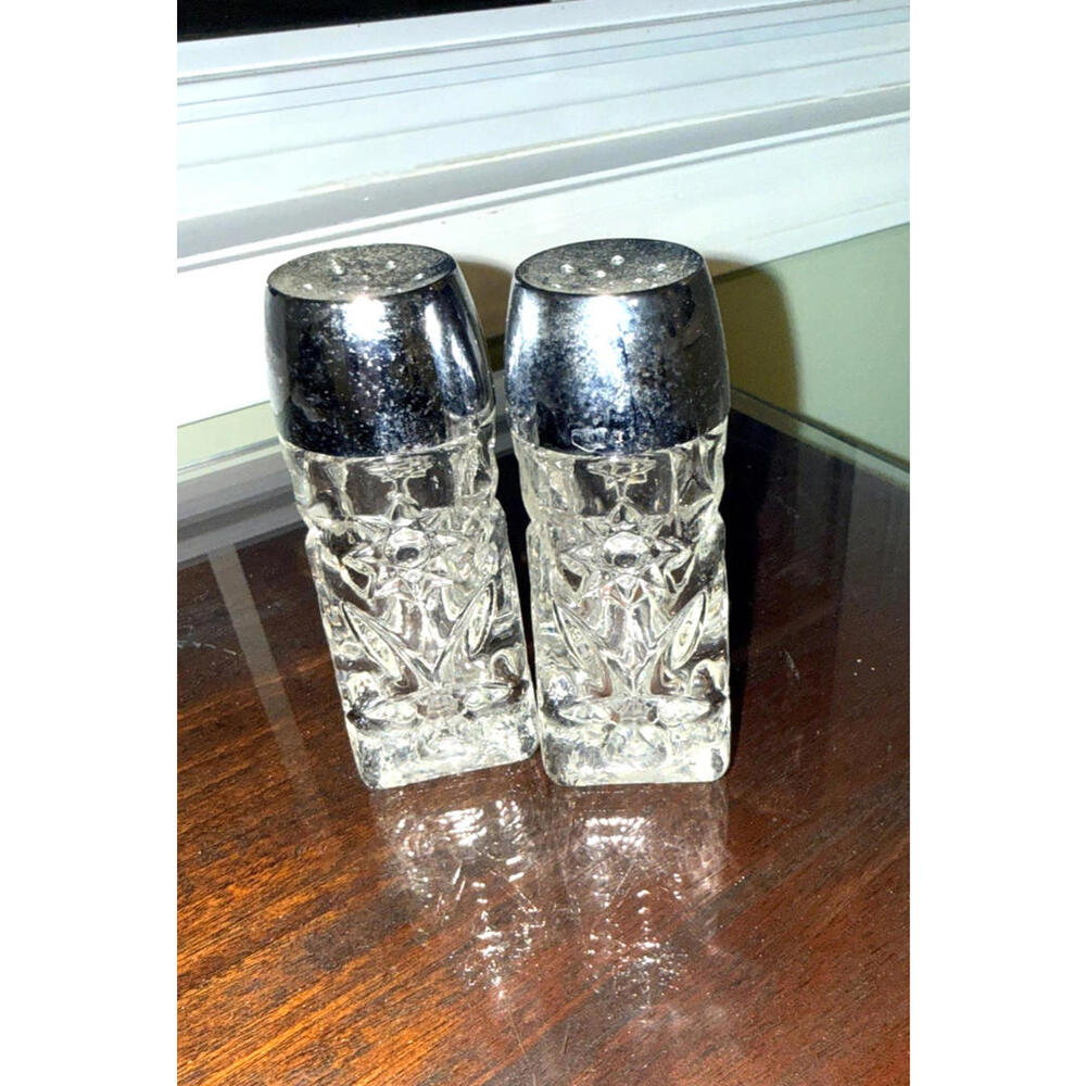Vintage Diamond Cut Clear Glass Salt and Pepper Shakers ” Starburst, 4in.